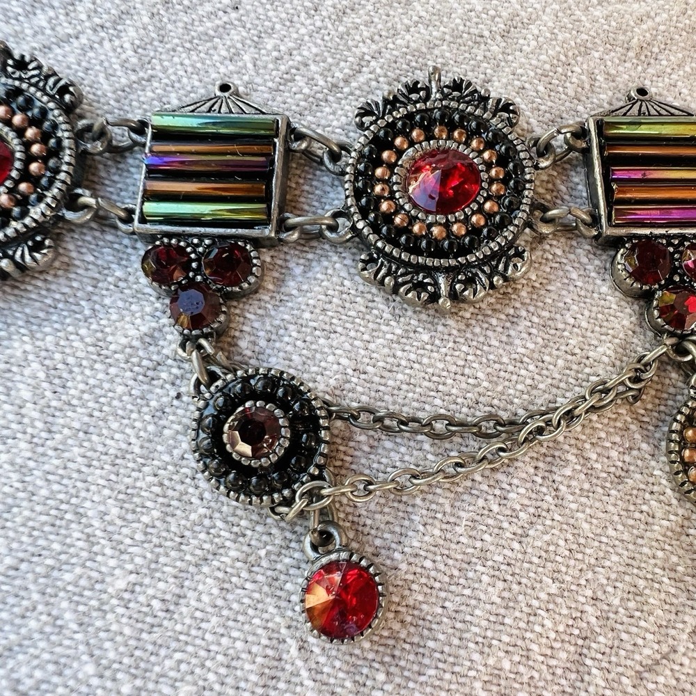 Vintage Art Deco Revival Bracelet Red Rhinestones Rainbow Glass Silver Tone - Picture 3 of 8
